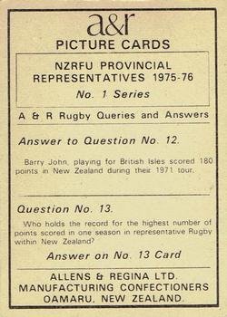 1976 Allens & Regina NZRFU Provincial Union Representatives #12 Greg Kane Back